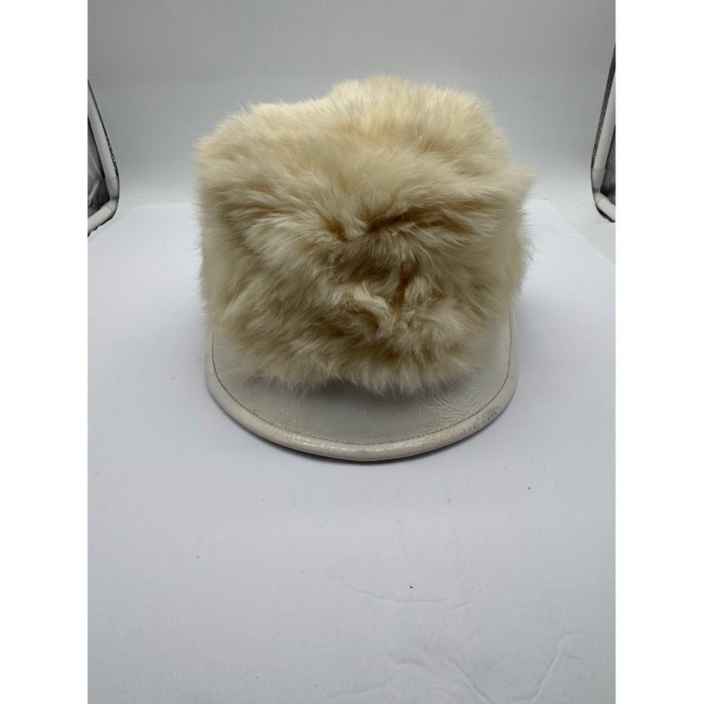 Vintage Union Made USA Cream Fur Winter Cossack Hat Leather Look Brim 415710